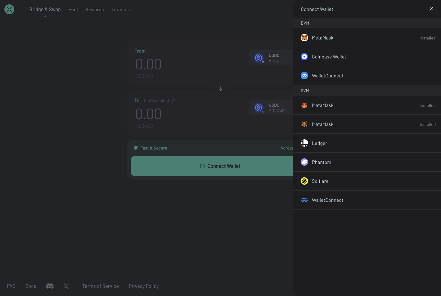 Across Connect Wallet サイドバー
